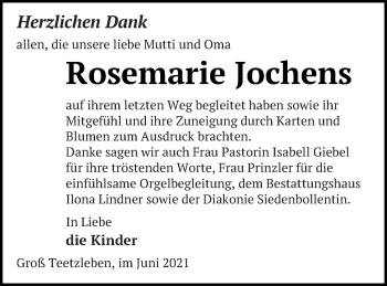 Traueranzeige von Rosemarie Jochens von Neubrandenburger Zeitung