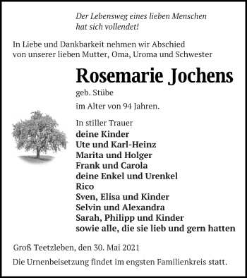 Traueranzeige von Rosemarie Jochens von Neubrandenburger Zeitung