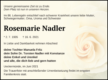 Traueranzeige von Rosemarie Nadler von Haff-Zeitung