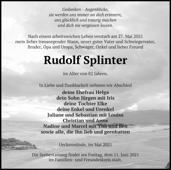Traueranzeige von Rudolf Splinter von Vorpommern Kurier