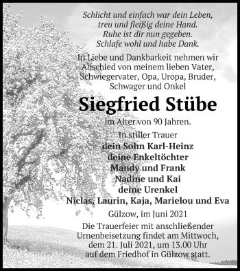 Traueranzeige von Siegfried Stübe von Mecklenburger Schweiz