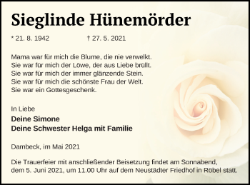 Traueranzeige von Sieglinde Hünemörder von Müritz-Zeitung