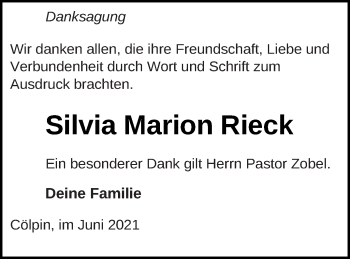 Traueranzeige von Silvia Marion Rieck von Demminer Zeitung