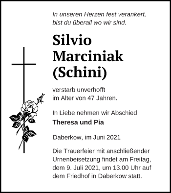 Traueranzeige von Silvio Marciniak von Vorpommern Kurier