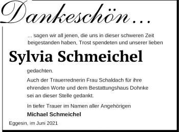 Traueranzeige von Sylvia Schmeichel von Haff-Zeitung