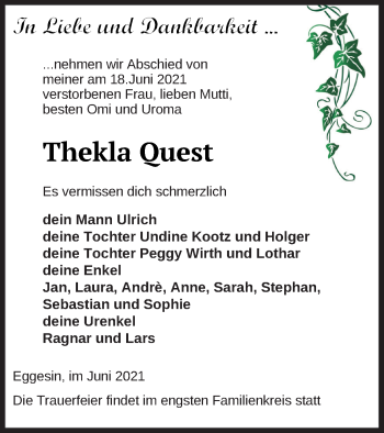 Traueranzeige von Thekla Quest von Haff-Zeitung