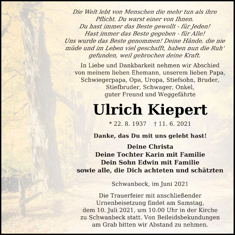  Traueranzeige für Ulrich Kiepert vom 19.06.2021 aus Neubrandenburger Zeitung