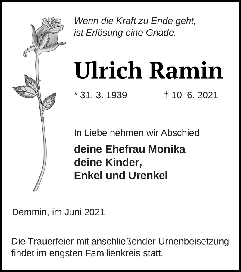  Traueranzeige für Ulrich Ramin vom 15.06.2021 aus Demminer Zeitung