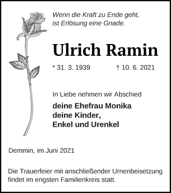 Traueranzeige von Ulrich Ramin von Demminer Zeitung