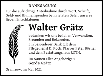 Traueranzeige von Walter Grätz von Prenzlauer Zeitung