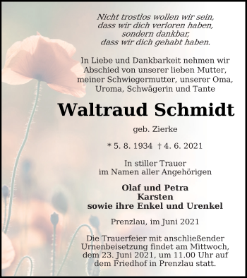 Traueranzeige von Waltraud Schmidt von Prenzlauer Zeitung