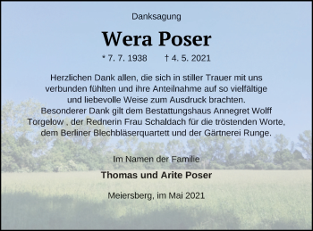 Traueranzeige von Wera Poser von Haff-Zeitung