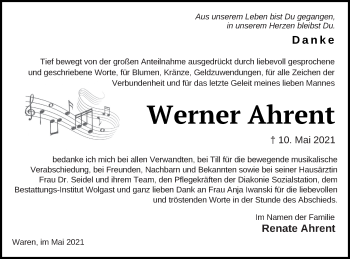 Traueranzeige von Werner Ahrent von Müritz-Zeitung