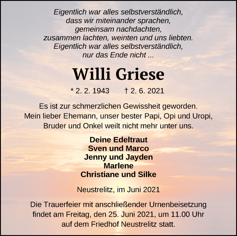  Traueranzeige für Willi Griese vom 04.06.2021 aus Strelitzer Zeitung