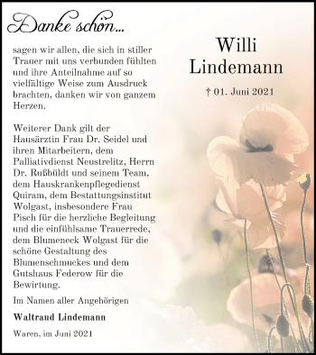 Traueranzeige von Willi Lindemann von Müritz-Zeitung