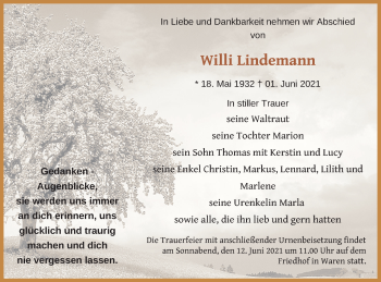 Traueranzeige von Willi Lindemann von Müritz-Zeitung