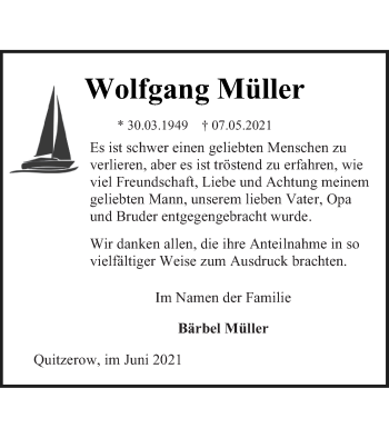 Traueranzeige von Wolfgang Müller von Demminer Zeitung