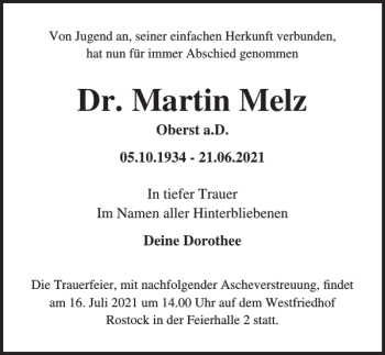 Traueranzeige von Dr. Martin Melz von Norddeutsche Neueste Nachrichten