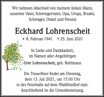 Traueranzeige von Eckhard Lohrenscheit von Zeitung für die Landeshauptstadt