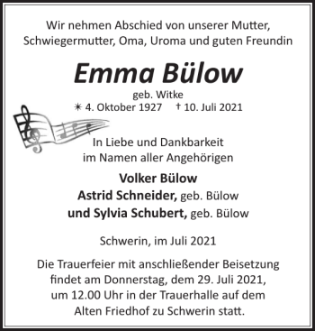 Traueranzeige von Emma Bülow von Zeitung für die Landeshauptstadt