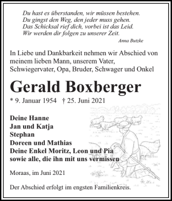 Traueranzeige von Gerald Boxberger von Hagenower Kreisblatt