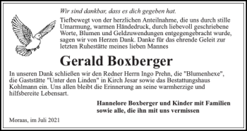 Traueranzeige von Gerald Boxberger von Hagenower Kreisblatt