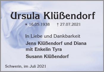 Traueranzeige von Ursula Klüßendorf von Zeitung für die Landeshauptstadt