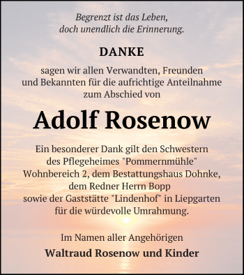 Traueranzeige von Adolf Rosenow von Haff-Zeitung