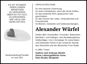 Traueranzeige von Alexander Würfel von Templiner Zeitung