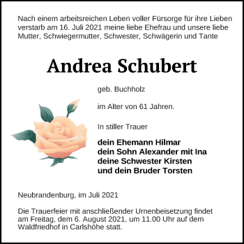 Traueranzeige von Andrea Schubert von Neubrandenburger Zeitung