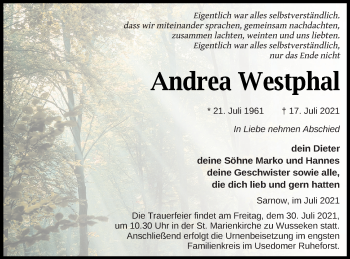 Traueranzeige von Andrea Westphal von Vorpommern Kurier