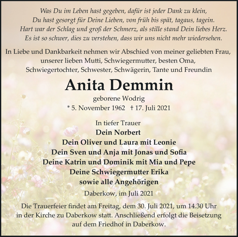  Traueranzeige für Anita Demmin vom 24.07.2021 aus Vorpommern Kurier