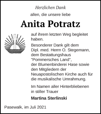 Traueranzeige von Anita Potratz von Pasewalker Zeitung