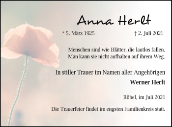Traueranzeige von Anna Herlt von Müritz-Zeitung