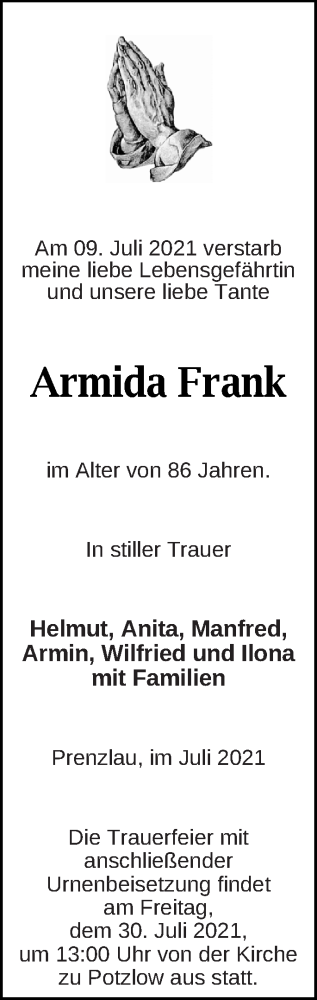 Traueranzeige von Armida Frank von Prenzlauer Zeitung