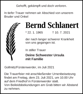 Traueranzeige von Bernd Schlanert von Prenzlauer Zeitung