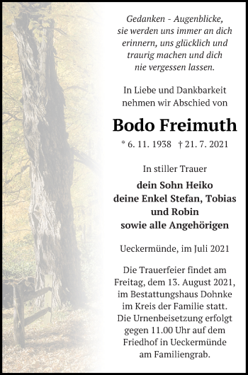Traueranzeige von Bodo Freimuth von Haff-Zeitung