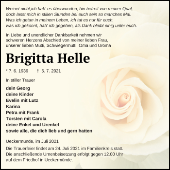 Traueranzeige von Brigitta Helle von Haff-Zeitung