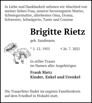 Traueranzeige von Brigitte Rietz von Strelitzer Zeitung