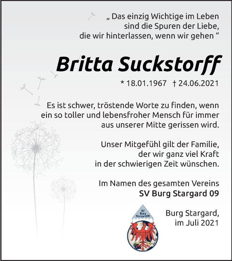  Traueranzeige für Britta Suckstorff vom 07.07.2021 aus Neubrandenburger Zeitung