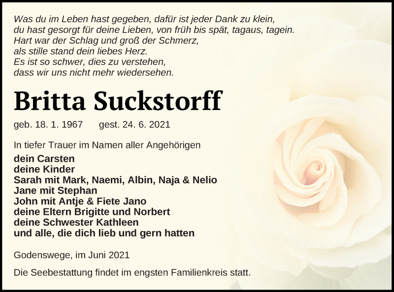  Traueranzeige für Britta Suckstorff vom 02.07.2021 aus Neubrandenburger Zeitung