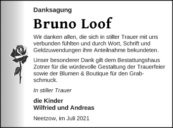 Traueranzeige von Bruno Loof von Vorpommern Kurier