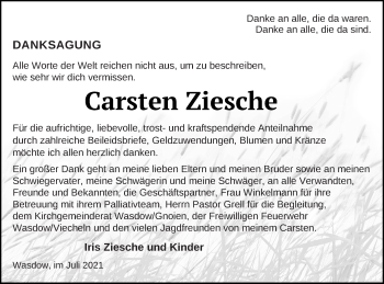 Traueranzeige von Carsten Ziesche von Mecklenburger Schweiz