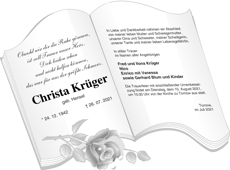  Traueranzeige für Christa Krüger vom 30.07.2021 aus Prenzlauer Zeitung