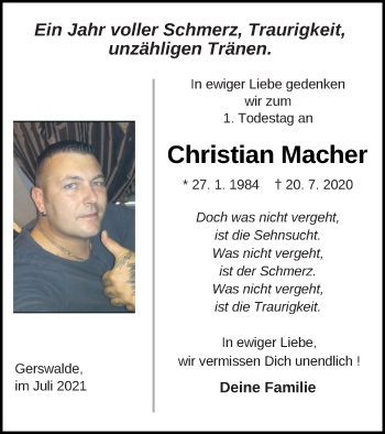 Traueranzeige von Christian Macher von Templiner Zeitung