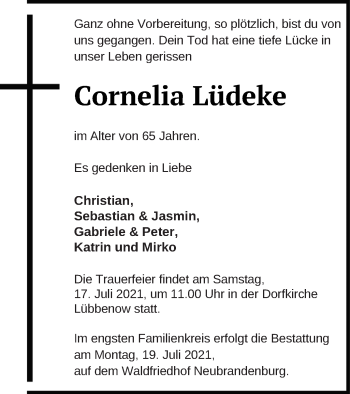 Traueranzeige von Cornelia Lüdeke von Prenzlauer Zeitung