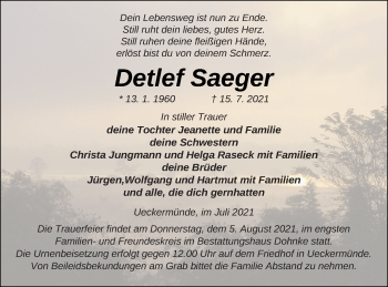 Traueranzeige von Detlef Saeger von Haff-Zeitung