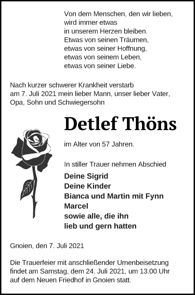  Traueranzeige für Detlef Thöns vom 16.07.2021 aus Mecklenburger Schweiz