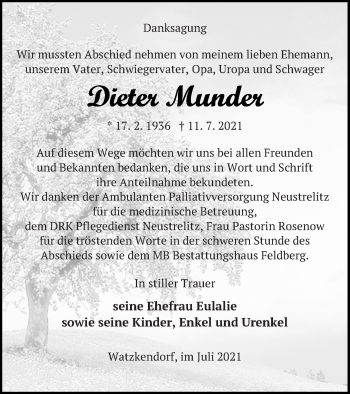 Traueranzeige von Dieter Munder von Strelitzer Zeitung