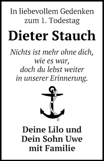 Traueranzeige von Dieter Stauch von Haff-Zeitung